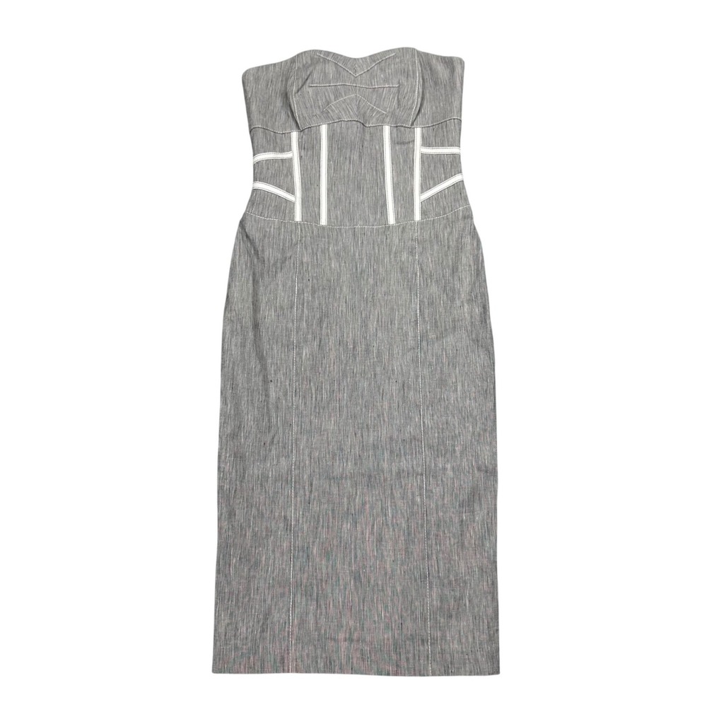 Bebe Grey Linen Blend Corset Strapless Midi Dress White Contrast Piping Size 00